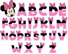 minnie mouse alphabet and numbers with pink polka dot bows on them, all in the same font