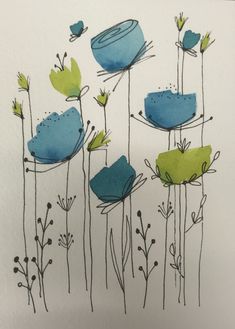 an ink drawing of blue and green flowers