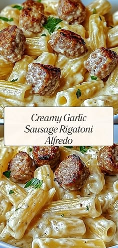 two pictures of pasta with meatballs and sauce in a white bowl on a table