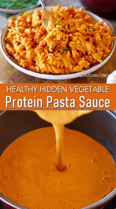 healthy hidden vegetable protein pasta sauce is being poured into a pan with the ingredients in it