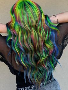 Neon Hair Ideas, Dark Prism Hair, Short Prism Hair, Prism Hair Color Placement, Dark Rainbow Hair, Holographic Hair Dark, Prism Hair, Prism Hair Color, Hidden Rainbow Hair Black