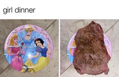 two plates with princesses painted on them, one has a piece of meat and the other has a piece of steak