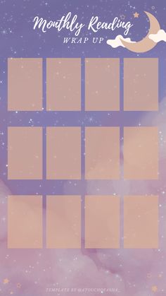 an image of a calendar with stars and clouds in the sky, on top of a purple