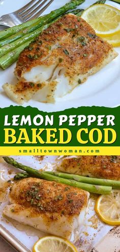 lemon pepper baked coq with asparagus on a white plate