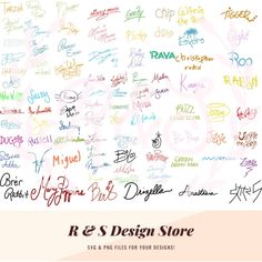 a large group of handwritten letters on a white background with the words r & s design store written all over it