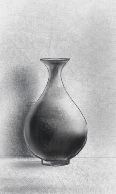 a black and white drawing of a vase on a table with a light gray background