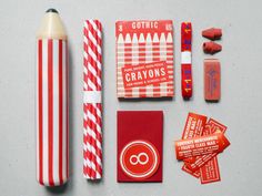 the contents of an assortment of stationery items including candy, crayons and stickers