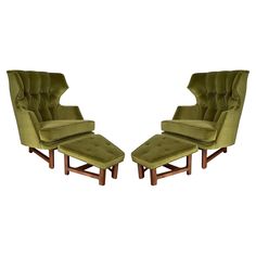 a pair of green chairs and footstools with an ottoman in the shape of a reclining chair