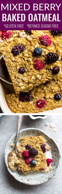 baked oatmeal with blueberries and raspberries on top is shown