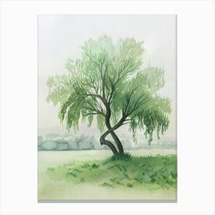 a watercolor painting of a tree in the grass