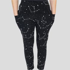 Reach for the stars! The wondrous night sky has inspired generations of humans to imagine what lies beyond. We made these leggings as a homage of the amazing Cartographer of the Universe, Margaret Geller. She has spent her lifetime dedicated to the unthinkable task of mapping the universe to understand the patterns of galaxies we see today! To activate glow-in-the-dark ink, expose the garment to direct light for 20 minutes. ALSO AVAILABLE AS: Product Specifications Black, long adults leggings wi Science Clothes, Space Leggings, Ms Frizzle, Geeky Clothes, Galaxy Dress, Nerdy Outfits, Cotton Tights, Space Outfit, Dark Ink