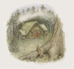 a painting of a cabin in the woods with a deer by it's side