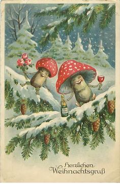 an old christmas card with two mice in the snow and one holding a wine bottle