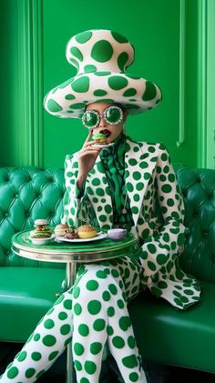 a woman in green and white polka dot clothing sitting on a couch with a plate of food