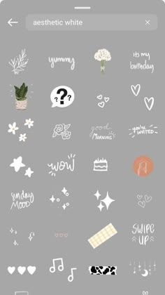 an iphone screen with various stickers on it and the words aesthetic white written in different languages