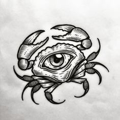 a drawing of a crab with an eye on it