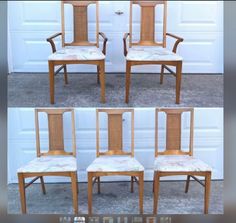 four wooden chairs sitting side by side in front of a garage door