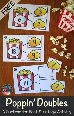 popcorn doubles addition activity for kids to practice numbers and subtraction with this free printable game