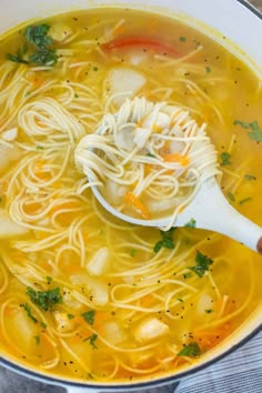 a ladle full of soup with noodles and vegetables in it, being held by someone's hand