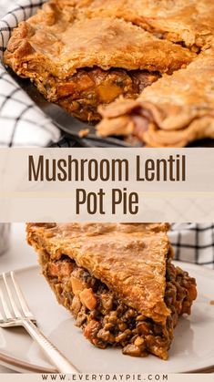 mushroom lentil pot pie on a plate with a fork