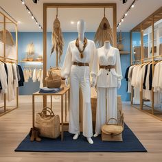 two mannequins dressed in white standing next to each other on a blue rug