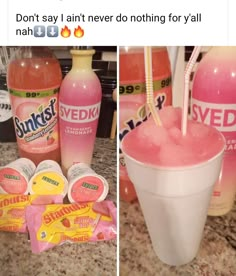 two pictures with drinks and snacks on the counter, one has a straw in it