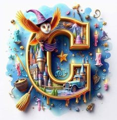 the letter g is decorated with an owl and wizard's castle, including a broom