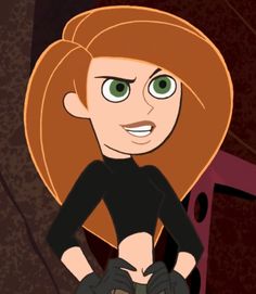 a cartoon girl with big green eyes standing in front of a red door and holding her hands on her hips