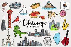 the chicago illinois skyline is depicted in this hand drawn illustration