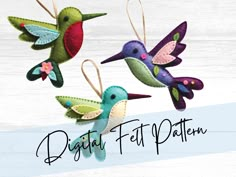 three colorful birds hanging from strings on a white wooden background with the words digital felt pattern