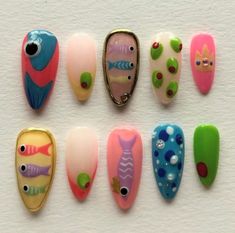 Handmade press on nails, available to be made to size and customised to your liking! All orders come included with a nail file and nail glue! 🎀 Sardine Nails, Fish Nails Designs, Fish Nail Art, Fish Nails, Nail Design Glitter, Olive Press, Hippie Nails, Acrylic Press On Nails, Soft Nails