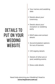 the details to put on your wedding website are shown in black and white, with text that reads details to put on your wedding website