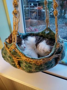 a cat is sleeping in a hanging hammock