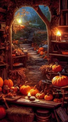 a painting of pumpkins and candles on a table in front of an open door