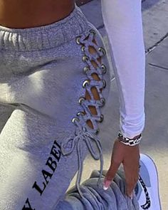 Briana Letter Print Eyelet Lace-up Drawstring Fold Sweatpants Flair Pants, 00s Mode, Sports Sweatpants, Drawstring Sweatpants, Sequin Pants, Pencil Pants, Trend Fashion, Sweat Pants, Women Pants Casual