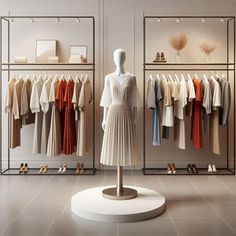 a display in a clothing store filled with lots of different types of dresses and shoes