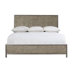 an upholstered bed with white pillows and wooden headboard, on a white background