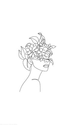 a line drawing of a woman with flowers in her hair