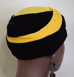 Women Yellow & Black EZ PZ  Turban Wrap For Short Hair Or Bald Head-  One Size-Ready Wraps- Stretch Fitted Yellow Turban, Fitted Black Turban For Summer, Fitted Black Summer Turban, Yellow Headwrap Headband One Size Fits Most, Yellow Headwrap Headband One Size, Yellow Headwrap One Size Fits Most, Yellow One Size Fits Most Headband Headwrap, Black Beanie Turban One Size, Black Headscarf In Headband Shape