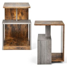 two wooden tables with metal legs and one is made out of wood, the other has an iron base