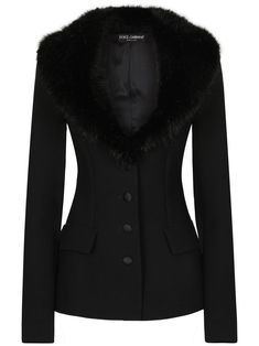 black faux-fur collar detachable collar long sleeves front button fastening two side flap pockets curved hem Luxury Outerwear With Faux Fur Trim And Lapel Collar, Luxury Black Outerwear With Faux Fur Trim, Black Fur Collar Coat, Luxury Fitted Black Fur Coat, Luxury Black Faux Fur Outerwear, Faux Fur Collar Coat, Fur Collar Jacket, Long Black Coat, Black Faux Fur