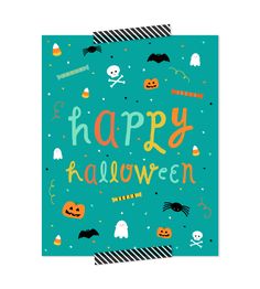 a happy halloween card with pumpkins, bats and ghost heads on the blue background