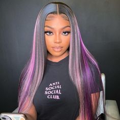 Lace Front Wig Virgin Human Hair Purple Highlight Medium Cap 22.5" 150%Density 20" Hair Length Hair Colorful, Purple Wig, Green Wig, Purple Highlights, Red Wigs, Hair Laid, Colored Wigs, Pixie Bob, Human Hair Lace Wigs