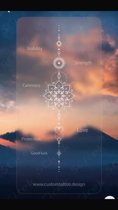 the seven chakras in front of a sunset with clouds and mountains behind them