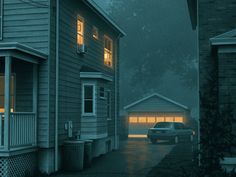 a car parked in front of a house on a rainy night with the lights on