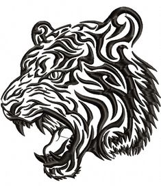 a black and white drawing of a tiger's head with an intricate design on it