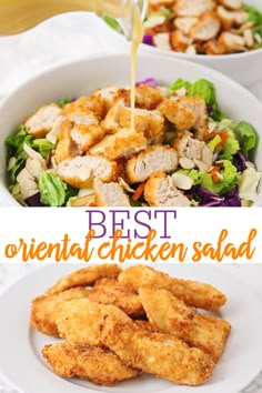 This delicious Copycat Oriental Chicken Salad from Applebees is made with breaded chicken, cabbage, romaine, sliced almonds, and more tossed in a flavorful asian dressing!#applebeescopycatorientalchickensalad #orientalsalad #copycatsalad #applebeescopycat #salad #easysalads Breaded Chicken Salad, Copycat Applebees Asian Dressing, Applebees Asian Chicken Salad Wrap, Apple Bees Asian Chicken Salad, Applebees Asian Chicken Salad, Chinese Chicken Salad Dressing, Applebee's Asian Chicken Salad, Applebees Recipes, Crispy Chicken Salads