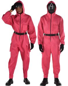 a man in a pink jumpsuit is standing next to another person wearing black gloves