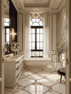 an elegant bathroom with marble flooring and white walls, along with chandelier