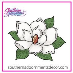 a white flower with green leaves on it's side and the words southern mermaids written